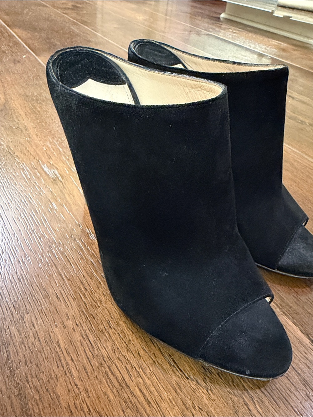 Prada - Women’s Black Suede Peep-Toe Wedge Bootie Mules Heel - Size: 38 - Picture 11 of 12